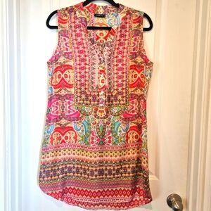 APNY Multicolor Ikat Print - Sleeveless Half Button-up Dress Size S